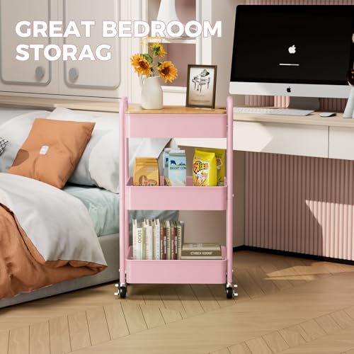 3 Tier Rolling Cart with Table top, Metal Rolling Utility Cart, Sturdy Storage Organizer Cart with Locking Wheels & Hooks for Office, Classroom, Kitchen and Bathroom，Pink - color: Pink