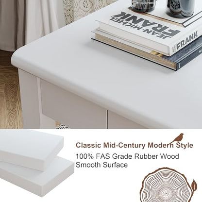 Solid Wooden Desk with Drawers - 39 x 16 Inch Modern Narrow Desks, Rubberwood Simple Study Table, Small Writing Desk for Bedroom|Small Spaces - White Desks - color: White, size: 39.4 in W x 15.7 in D