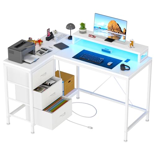 Patikuin L Shaped Desk with Power Outlets & LED Lights, Computer Desk with Drawers & Shelves, Corner Desk Gaming Desk Home Office Desk, White - color: White