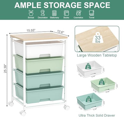 SYKIARIOL Rolling Cart with Drawers, 4-Drawer Utility Cart,Gradient Grey | Rolling Storage Cart with Drawers with Wooden Tabletop for Bedroom,Kid's Room,Dorm,Classroom,Office - color: Green
