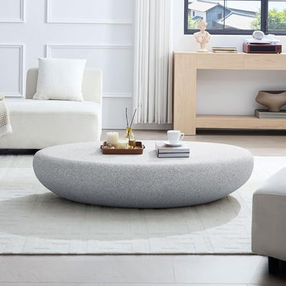 55.12" Faux Stone Coffee Table Modern Unique Coffee Table Oval Rock Center Tables Round Edge Design Fiberglass Concrete Accent Tables for Living Room Office Apartment No Assembly, Cement - color: Fiberglass Oval-cement
