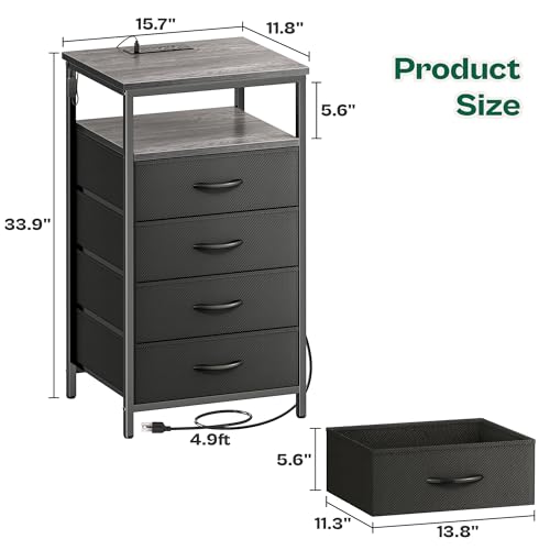Huuger Night Stand with Charger Station and LED Lights, 4 Drawer Nightstand, Bed Side Table with Open Shelf, End Table, Fabric Dresser for Bedroom, Grey - color: Grey, size: 11.8"D x 15.7"W x 33.9"H（4 Drawers）
