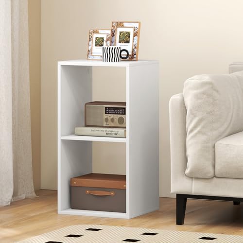 2 Cube Storage Organizer, 2 Tier Floor Standing Bookcase, Small Bookshelf for Small Spaces, Wooden Open Display Shelf for Living Room, Bedroom, Study, White Bookshelf with Open Back - size: 2 Cubes