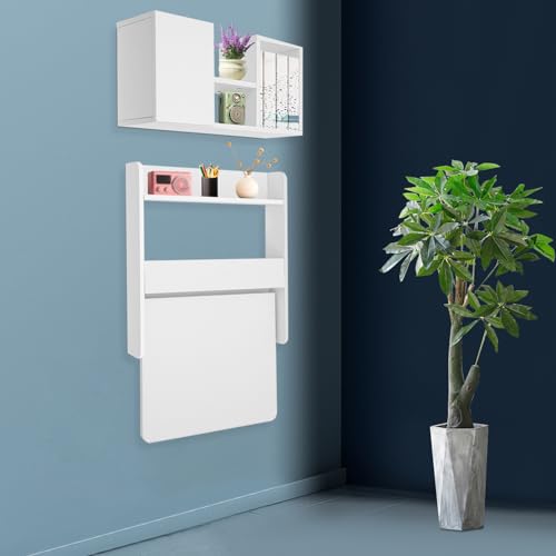 Wall Mounted Bookshelf with Moveable Cabinets, Multifunctional Folding Floating Desk, Fold Down Laptop Table with Storage Shelves for Bedroom Study Room Space Saving Small Space Garage (White) - color: White