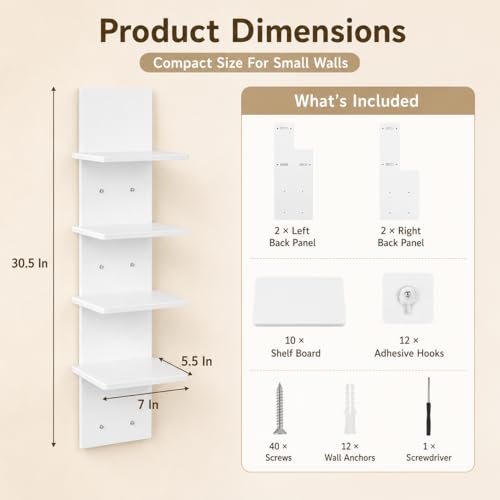 2PCS 5 Tiers Floating Wall Shelf, Small Vertical White Floating Shelf for Narrow Spaces, Modern Wall-Mounted Decorative Shelves for Bedroom Living Room, Lightweight Wood-Plastic - size: 2PCS