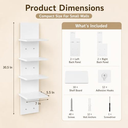 2PCS 5 Tiers Floating Wall Shelf, Small Vertical White Floating Shelf for Narrow Spaces, Modern Wall-Mounted Decorative Shelves for Bedroom Living Room, Lightweight Wood-Plastic - size: 2PCS