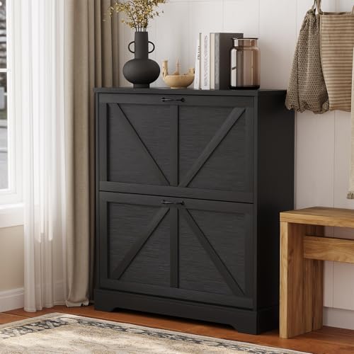 Semiocthome Farmhouse Shoe Storage Cabinet with 2 Flip Drawers, 31.5"(W) Freestanding Shoe Organizer with Barn Door and Metal Handles for Entryway, Corner Rustic Narrow Shoe Rack Cabinet - Black - color: Black, size: 31.5"W