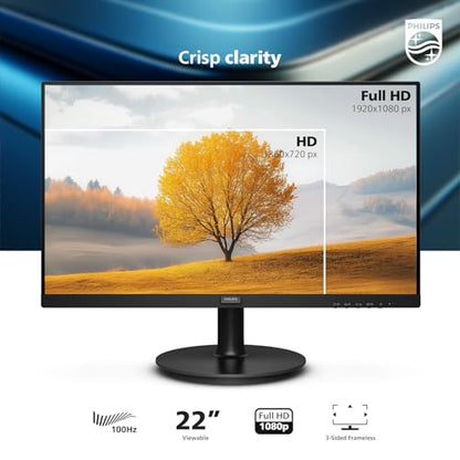 Philips 22 Inch Computer Monitor FHD 100Hz VA VESA Flicker-Free, 221V8LB | 1920×1080 LED Monitor, 4ms GtG, Adaptive Sync, HDMI 1.4, Tilt Adjust, Low Blue Light, 4yr Advance Replacement Warranty - size: 22 inch 100Hz
