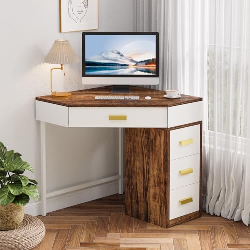 Tribesigns Corner Desk, Triangle Computer Desk with 3 Drawers, 90-Degree Writing Desk PC Table Makeup Vanity Desk with Storage for Home Office, Living Room, Bedroom (Brown+White) - color: Brown+white