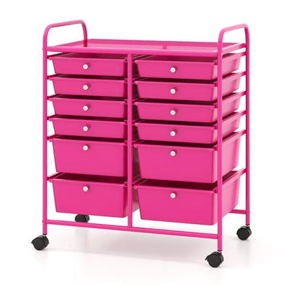 Moccha 12-Drawer Rolling Storage Cart - Utility Cart on Wheels with Lockable Casters for Craft Art Supply Paper Salon, Mobile Drawer Carts for Classroom Teacher School Office (Hot Pink) - color: Hot Pink, style: 12 Drawers
