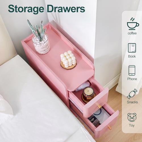Pink Narrow Nightstand, Wooden Small 2 Drawer Nightstand, Slim Side End Table, Skinny Bedside Table, Mid Century Modern Night Stand with Drawers, for Living Room (Pink-1 pc) - color: Pink-1 Pc