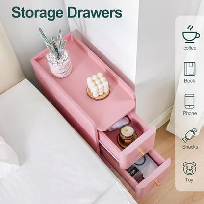 Pink Narrow Nightstand, Wooden Small 2 Drawer Nightstand, Slim Side End Table, Skinny Bedside Table, Mid Century Modern Night Stand with Drawers, for Living Room (Pink-1 pc) - color: Pink-1 Pc