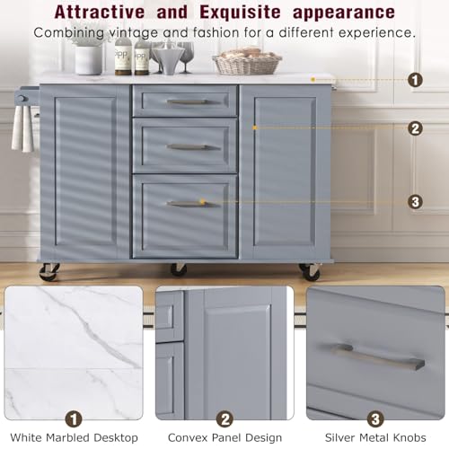 Kitchen Island with Trash Can Storage Cabinet and Faux Marble Top | Grey Blue, 50.7" Rolling Kitchen Cart on Wheels with Drop Leaf, Spice Rack, Towel Rack and Adjustable Shelf for Dining Room - color: Grey Blue