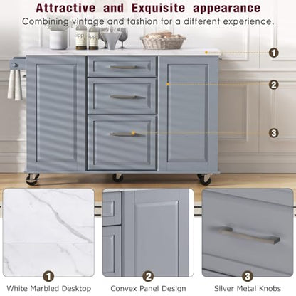 Kitchen Island with Trash Can Storage Cabinet and Faux Marble Top | Grey Blue, 50.7" Rolling Kitchen Cart on Wheels with Drop Leaf, Spice Rack, Towel Rack and Adjustable Shelf for Dining Room - color: Grey Blue