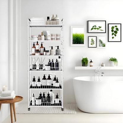 10in 6 Tier Slim Storage Cart with Wheels, Narrow Space Rolling Shelving Unit with Handle, Metal Wire Mobile Organizer Rack for Kitchen Bathroom Office Laundry - size: 10in White Cart with Handle