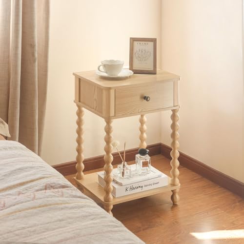 AWASEN Night Stand, Small End Table with Storage for Living Room, Farmhouse Bedside Side Table with Spindle Wood Legs for Bedroom, Office, Natural - color: Natural