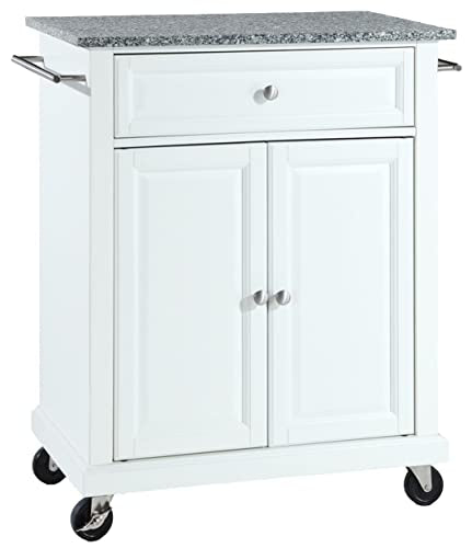Crosley Furniture Compact Granite Top Small Rolling Cart with Shelves, Microwave Stand with Towel Rack, White - color: White, style: Gray Granite Top