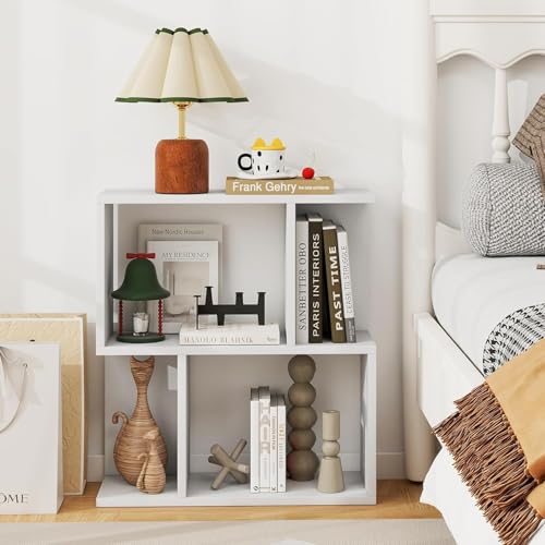 22’’ H Geometric Bookshelf, 2-Tier S-Shaped Floor Bookcase, Freestanding Open Display Book Shelf for Small Spaces, Low Side Table for Living Room & Bedroom (1, White) - color: White