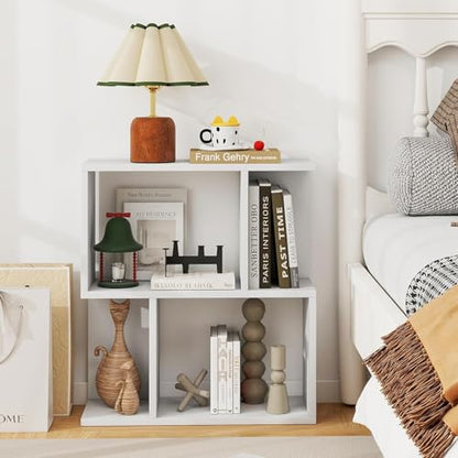 22’’ H Geometric Bookshelf, 2-Tier S-Shaped Floor Bookcase, Freestanding Open Display Book Shelf for Small Spaces, Low Side Table for Living Room & Bedroom (1, White) - color: White