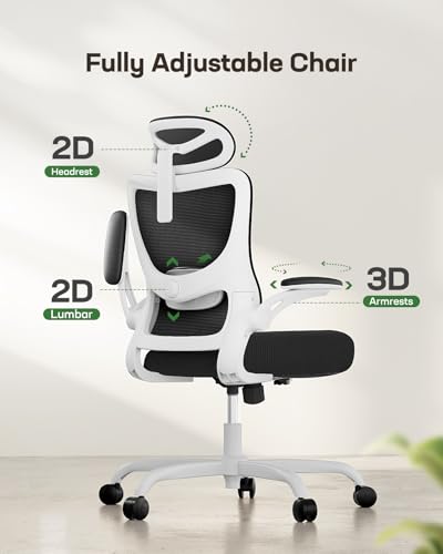 Marsail Ergonomic Office Chair: Office Desk Chair with High Back Mesh and Adjustable Lumbar Support Rolling Work Swivel Task Chairs with Wheel 3D Armrests and Headrest - color: Black & White