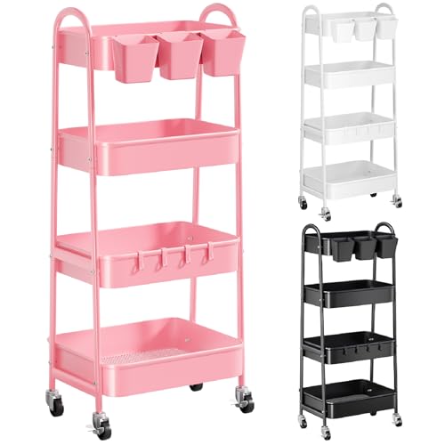 4 Tier Rolling Cart Metal with Lockable Wheels, Four Tiered Pink Trolley Cart on Wheels, Utility Storage Organizer Carts for Bathroom, Kitchen, Art, Craft, Baby Diaper Caddy, Snack, Makeup, Nail, Lash - color: Fashion Pink, size: 4 tier