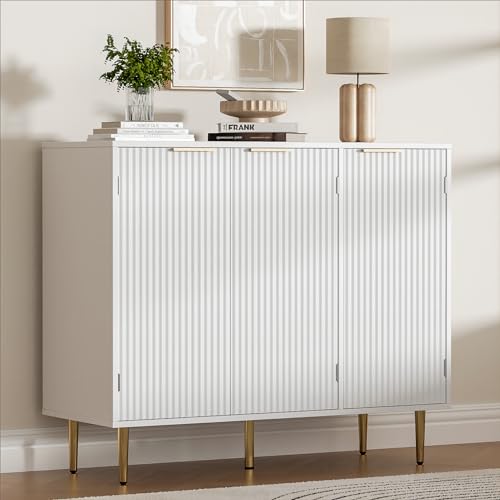 Housoul Fluted Sideboard Buffet Cabinet with 3 Doors, White | Kitchen Storage Cabinet with Adjustable Shelves & Golden Handles, Modern Accent Cabinet, Coffee Bar for Kitchen, Living Room - color: White