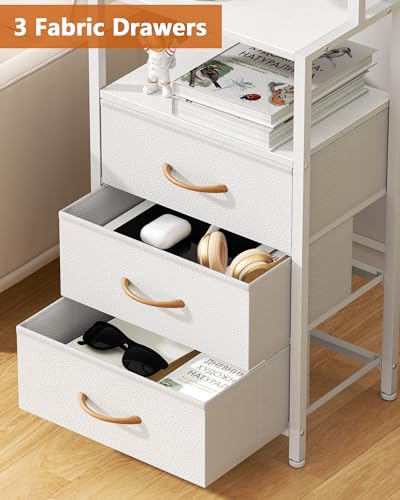 Tall Night Stand, White Bedside Nightstand with Charger Station | 4-Tier Shelves and 3 Fabric Drawers, LED Bed Side Tables with Charging Station, Tall Dresser for Bedroom, Hallway, Office - color: White, size: 3 Drawer