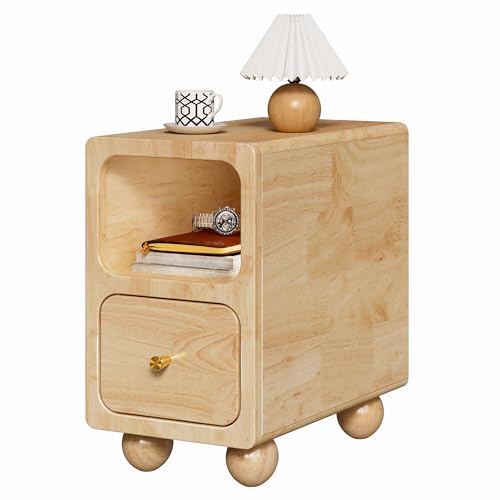 9.7” Small Narrow Nightstand, Solid Wood Nightstand with Drawers, Natural Mid Century Modern Nightstand, Small Beside Table with Open Storage Shelf for Bedroom - color: A.natural, size: 9.7*15*18.5 Inch