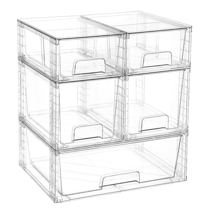 Vtopmart Clear Stackable Storage Drawers, 5 Pack Multi-Size Organizer Set | Wide, Medium and Small Pull-Out PET Drawers with Stackable Design for Cabinets, Closets, Pantry and Bathroom Organization - style: 1 Wide+2 Medium+2 Small
