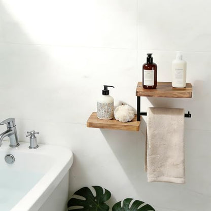 YIGII Toilet Paper Holder with Shelf - Self Adhesive Wooden Tissue Paper Roll Holder, Bathroom Wall Mounted Toilet Paper Roll Holder with Wipes Storage