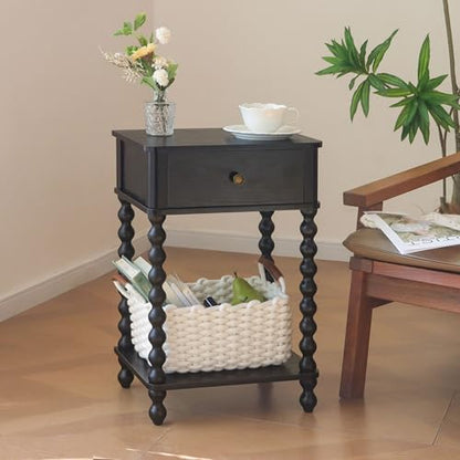 AWASEN Black Nightstand, Bedroom Side Table with Drawer for Living Room, Small Bedside End Table with Spindle Wood Legs for Bedroom, Office, Black - color: Black
