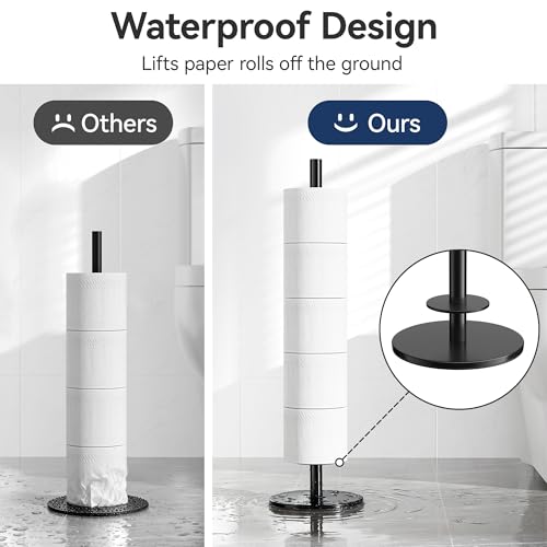 Freestanding Toilet Paper Holder with Shelf,5 Roll Storage,Matte Black | Holds 5 Toilet Paper Rolls,Rustproof Stainless Steel,Waterproof Storage Shelf,Freestanding No Drilling Design,Easy Assembly - color: Matte Black
