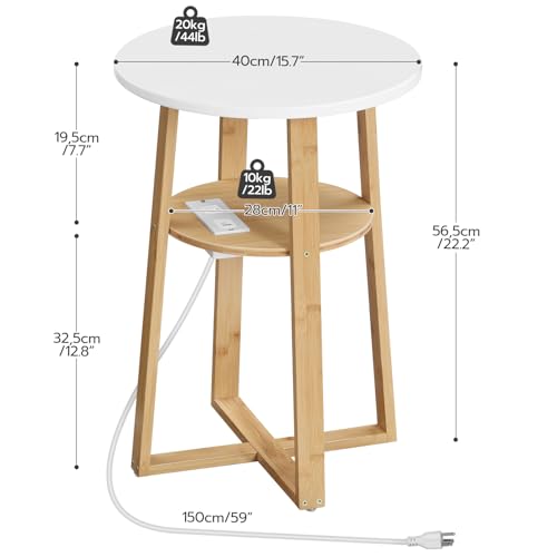 HOOBRO Round Side Table with Charging Station, Round Accent End Table with Bamboo Legs for Living Room, Bedroom, White and Natural YW101UBZ01 - color: White and Natural