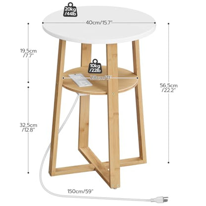 HOOBRO Round Side Table with Charging Station, Round Accent End Table with Bamboo Legs for Living Room, Bedroom, White and Natural YW101UBZ01 - color: White and Natural