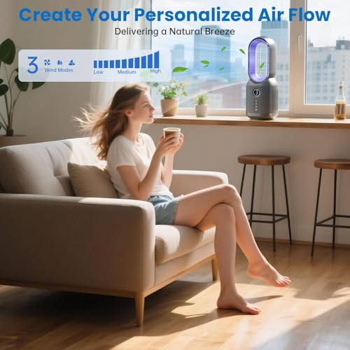 Desk Fan,13 Inch Portable Bladeless Fan, Small Quiet Office Fan with 106° Oscillating, 3 Speeds & Night light, LED Display, Button Control, Personal Table Fan for Bedroom, Office, Home, Study Room - color: Grey