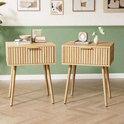 VINGLI Nightstands Set of 2, Fluted Night Stand with Drawer, Bedside Table, Wood Nightstand for Bedroom, Mid Century Modern End Tables, Natural Oak, 18.9" W*14.96" D*24" H - color: Oak, size: 19"W-1 Drawer