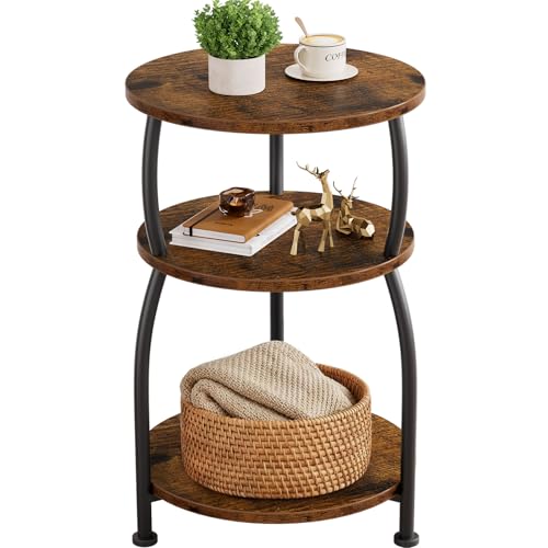3-Tier Round Side Table, 15.7 inch End Table Nightstand | Circle Accent Table for Small Spaces, 24in Tall Sofa Table, Wooden Corner Table for Bedroom Living Room Garden, Rustic Brown - color: Rustic Brown, size: 15.7''Dia