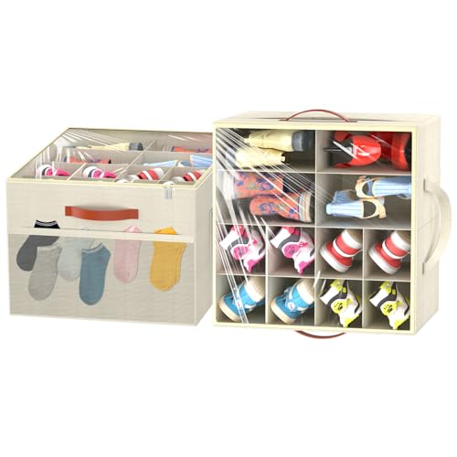 Aokeyee 2 Pack Shoe Organizer for Closet, Stackable Shoe Storage Box, Beige | Fits up to 32 Pairs, Space Saving, Foldable, Shoes Organizer Bin with Clear Cover, 4 Reinforced Handles - color: Beige, size: Fits up to 32 Pairs