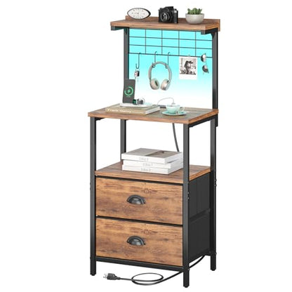 sthmec Tall Nightstands with Charging Station, LED Night Stand Bedsides with 2 Drawers Fabric, Hooks,USB Port and Open Storage Shelves,Tall End Table Bedside for Bedroom,Office, Rustic Brown - color: Rustic Brown, style: 2 Drawers