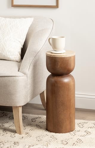 Kate and Laurel Teo Transitional Mango Wood Drink Table, 8 x 8 x 22, Walnut Brown and Natural Travertine, Sculptural Bedroom Nightstand with Unique Pedestal Table Design for Use as Indoor Plant Stand - color: Walnut Brown