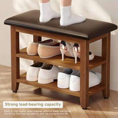 Shoe Bench with Leather Cushion,Rubberwood Bench with Shoe Rack | 2-Tier Shoe Storage Organizer for Entryway,Hallway,Living Room - size: 2-Tier-23.6"
