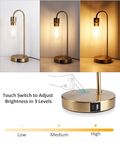 Bedside Lamps Set of 2, Gold Touch Table Lamp with USB C+A Ports, 3 Way Dimmable Bedroom Lamps with Glass Shade, Brass Nightstand Lamp for Bedroom Living Room, 2 LED Bulbs Included - size: 2 Pack