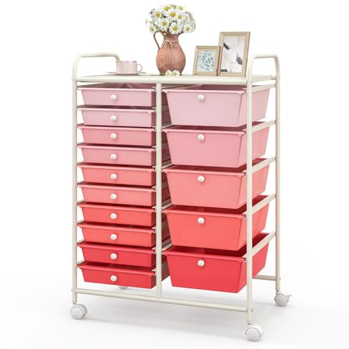 GLACER 15 Drawers Rolling Storage Cart, Steel Frame Craft Organizer Cart | Utility Cart w/Lockable Wheels & Sleek Handle, Mobile Art & Tool Supply Trolley for Teacher, Home, School, Office (Pink) - color: Pink, size: 15 Drawers (5 Big +10 Small)