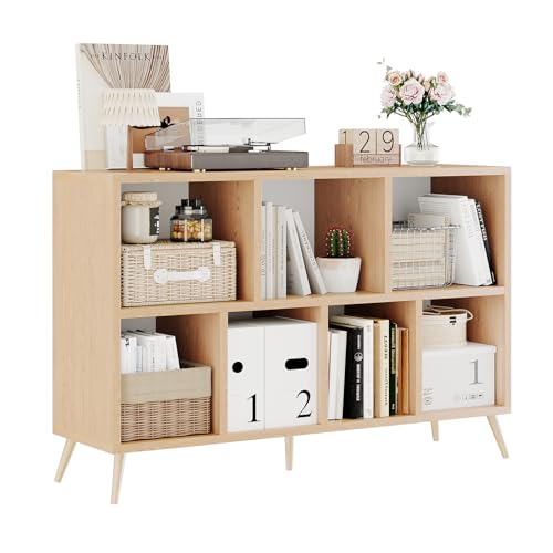 7-Cube Storage Organizer with Natural Wood Legs, Mid-Century Modern Bookcase and Display Cabinet, Freestanding Toy Storage Bookshelf for Living Room, Kids Room and Bedroom, Natural - color: Natural, size: 7-Cube