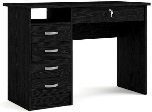 Furnifact Black Home Office Desk with 5 Drawers and Open Shelf, Lockable Storage Computer Desk and Study Table Ideal for Work from Home Setup