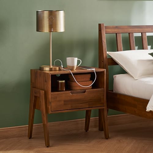 mopio Ted Solid Wood Nightstand with Charging Station, Mid Century Modern Storage Night Stand, Small Side Table Drawer, Bedside, End Table USB C & USB A Ports (Single) - size: Single