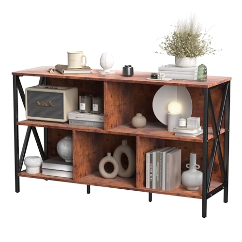 5 Cube Storage Organizer Shelf,Industrial Horizontal Bookshelf,Short Wide Cubby Bookcase,Low Large Book Shelf Metal Storage Organizer Open Shelf for Bedroom Living Room,Home,Office,47 in(Brown,5 Cube) - color: Brown, size: 5 Cube