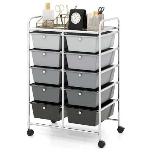 Moccha Rolling Storage Cart with 10 Drawers - Under Desk Cabinet on Wheels for Craft Art Supply Paper Salon, Scrapbook Paper Tools, Multipurpose Mobile Utility Cart for Classroom, Gradient Grey - color: Gradient Grey, style: 10 Drawers