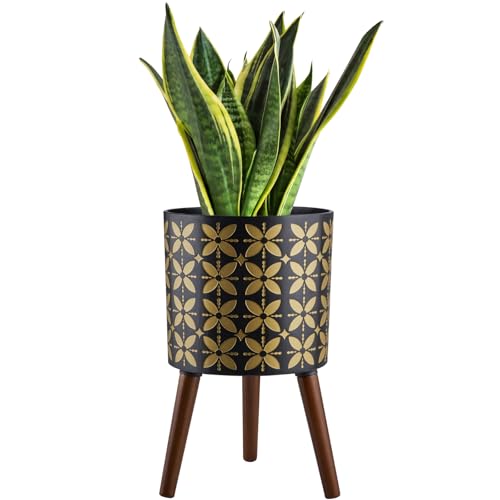 12 Inch Planter Pot with Stand, Planter for Indoor Plants, Drainage Holes and Rubber Plug, Modern Mid-Century Flower Planter Pot for Home Garden Patio, Black and Gold - color: Black Gold, size: 12 Inch