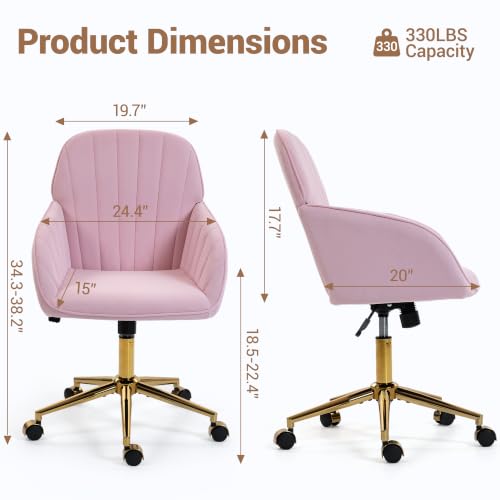 Velvet Make Up Vanity Chair with Wheels and Gold Base 330 Lbs - Pink | Home office Chair, Study Chair, Teacher Chair, Cute Chair, Height Adjustable Swivel Desk Chair, for Living Room Study Room - color: Pink